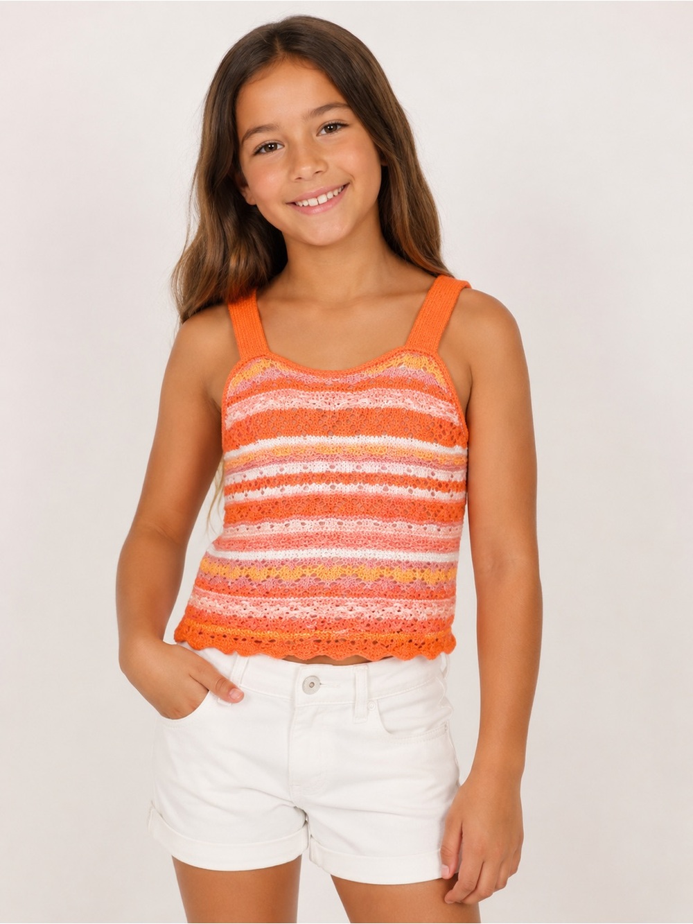 NWOT Truce Girls Crochet Stripe Tank Top Size S (7-8) Bright Orange Knit Cami